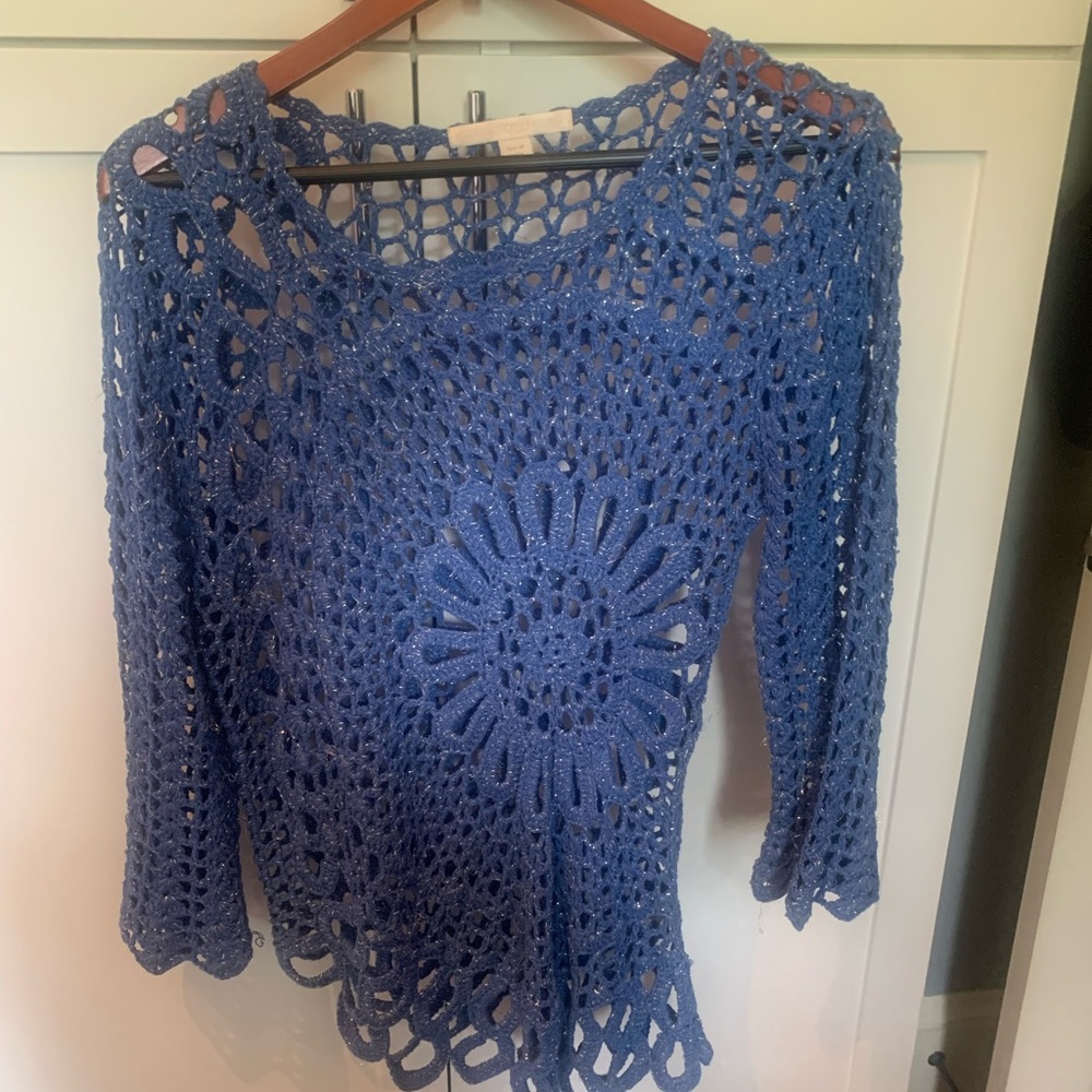Boston proper.    Blue crochet swimsuit coverup or tunic top.